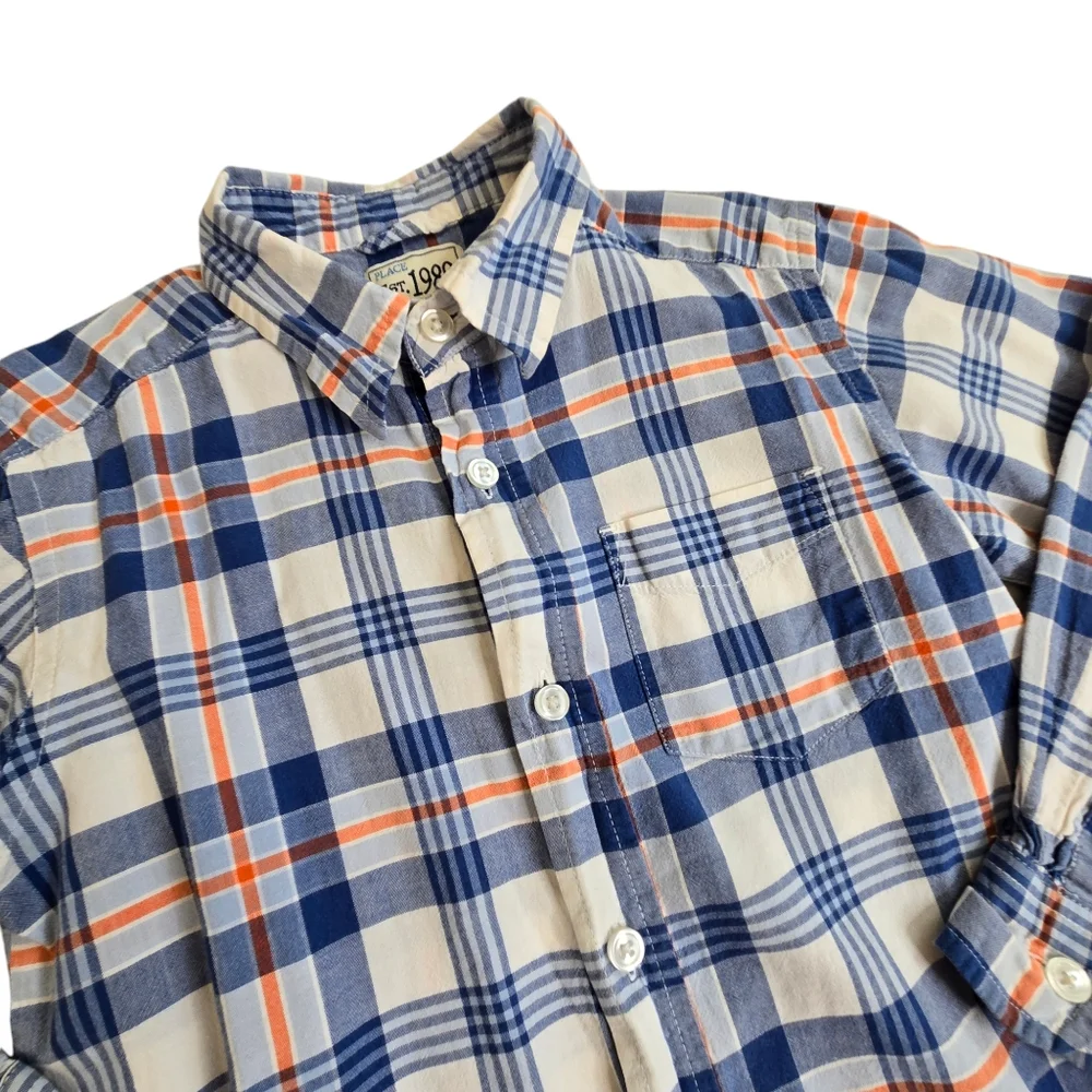 The Children's Place blue and orange plaid button down shirt small 5/6